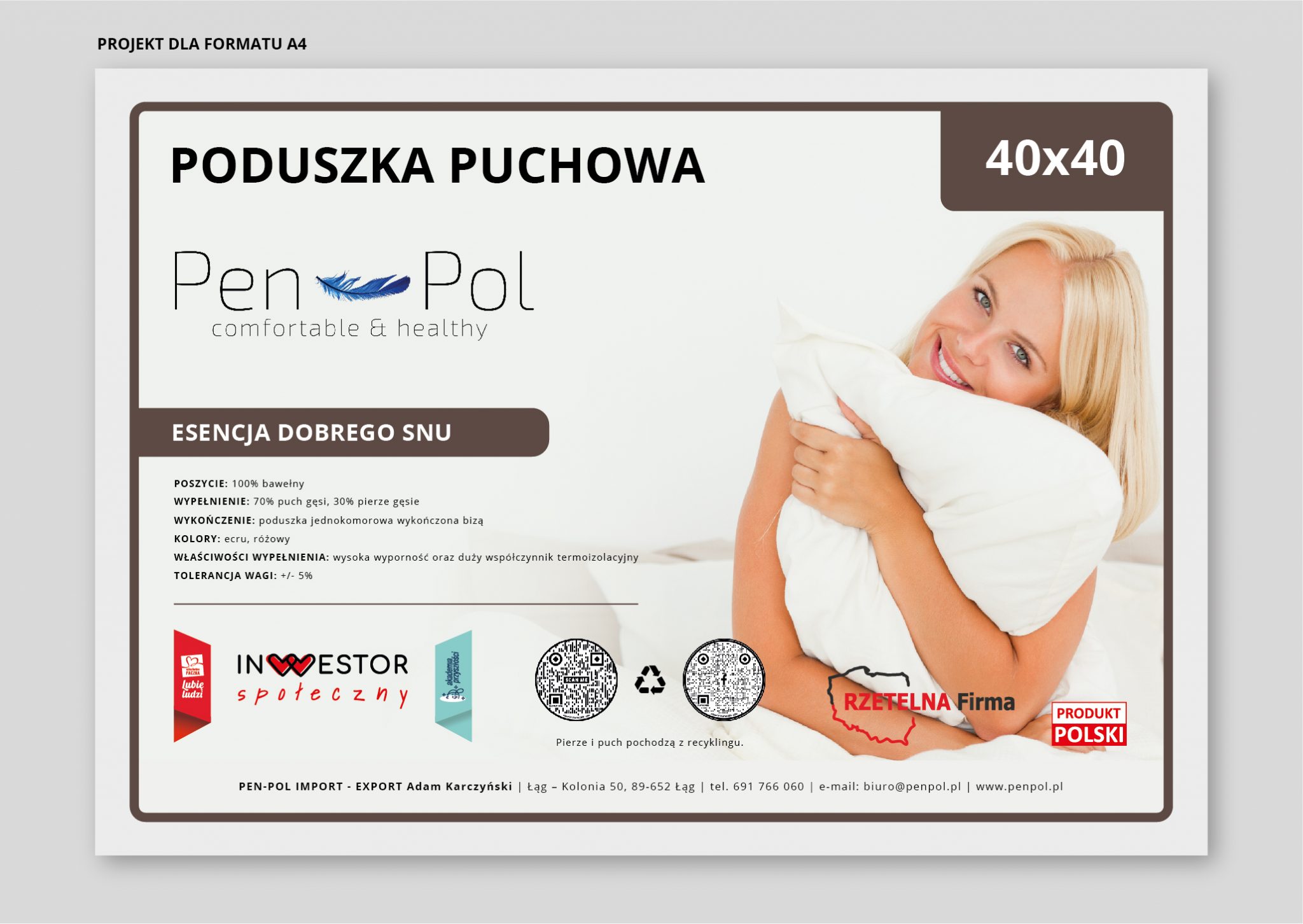 Projekt etykiety poduszki puchowej pen-pol